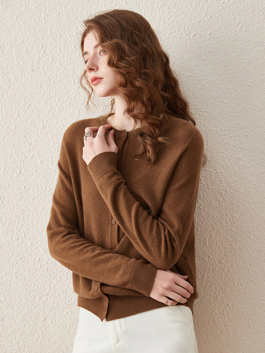 COMOBOCA 100% Wool Women's Round Neck Knit Cardigan