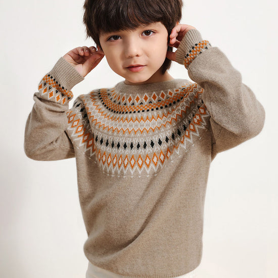 COMOBOCA 100% Wool Kids' Fair Isle Round Neck Sweater