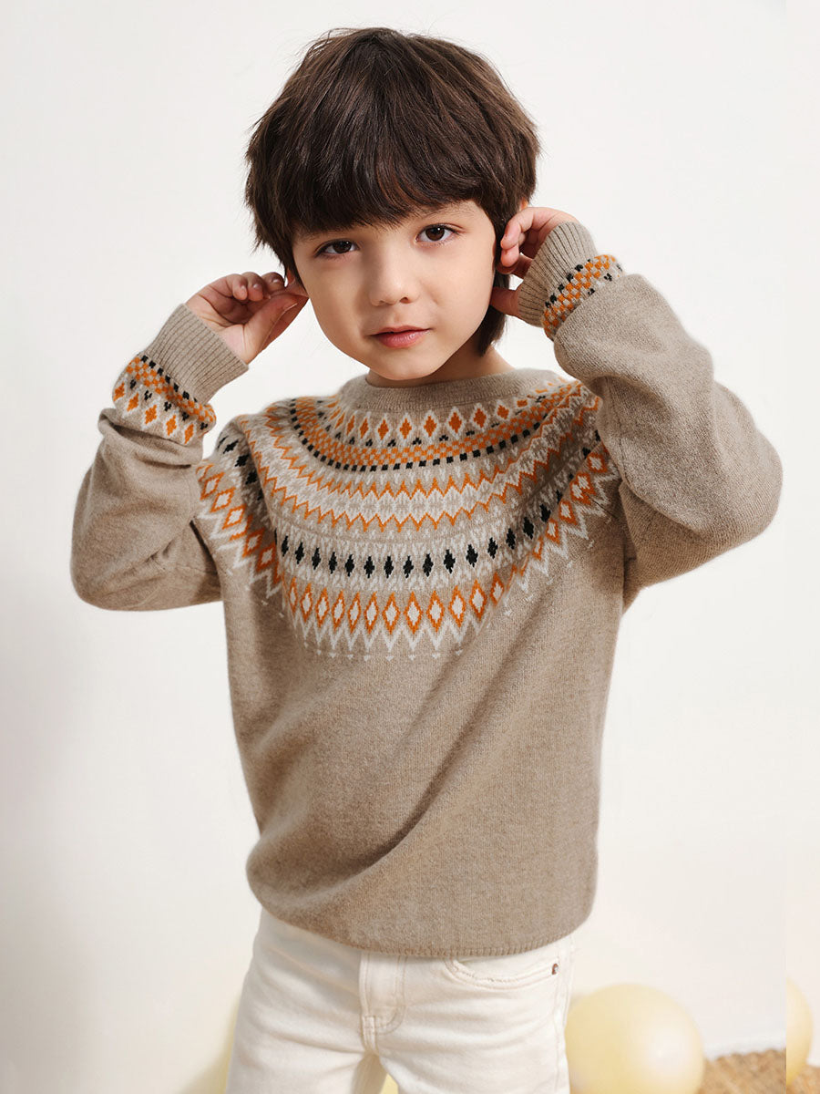 COMOBOCA 100% Wool Kids' Fair Isle Round Neck Sweater