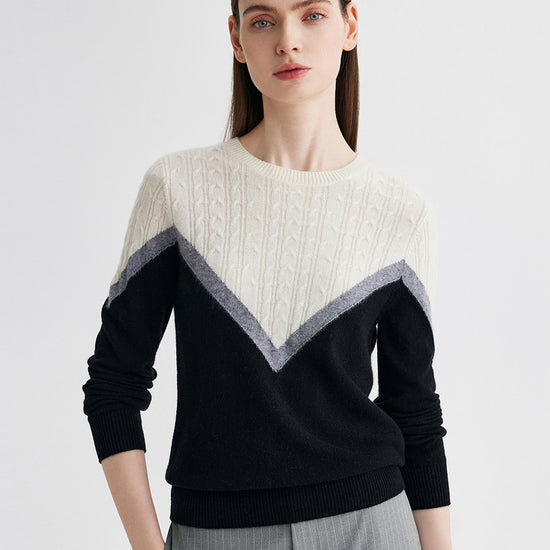 COMOBOCA 100% Cashmere Women's Color Block Cable Knit Sweater