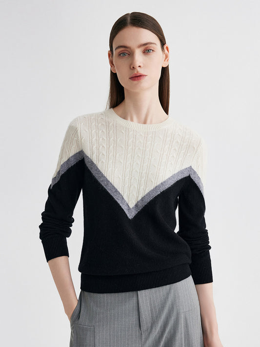 COMOBOCA 100% Cashmere Women's Color Block Cable Knit Sweater