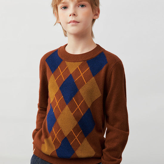 COMOBOCA 100% Wool Kids' Argyle Pattern Round Neck Sweater