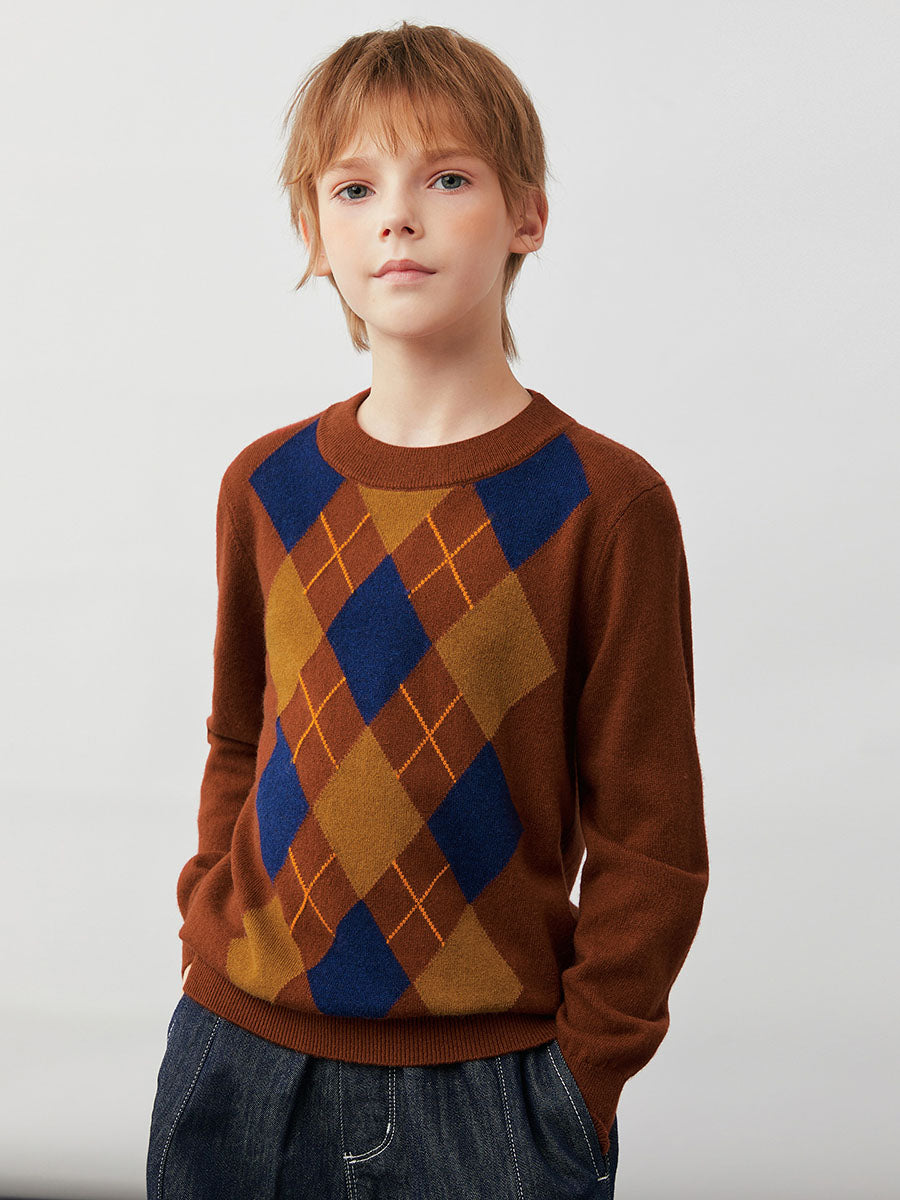COMOBOCA 100% Wool Kids' Argyle Pattern Round Neck Sweater