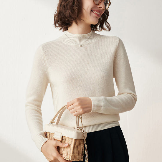 COMOBOCA Beige 100% Cashmere Women's Mock Neck Knit Sweater