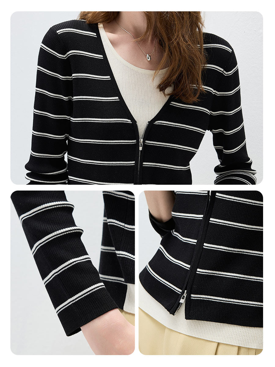 COMOBOCA Women's Striped Ribbed Knit Faux 2-in-1 Zip Cardigan