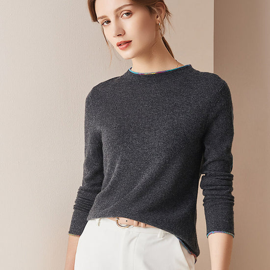 COMOBOCA DEEP GREY 100% Cashmere Women's Sweater with Built-in Collar