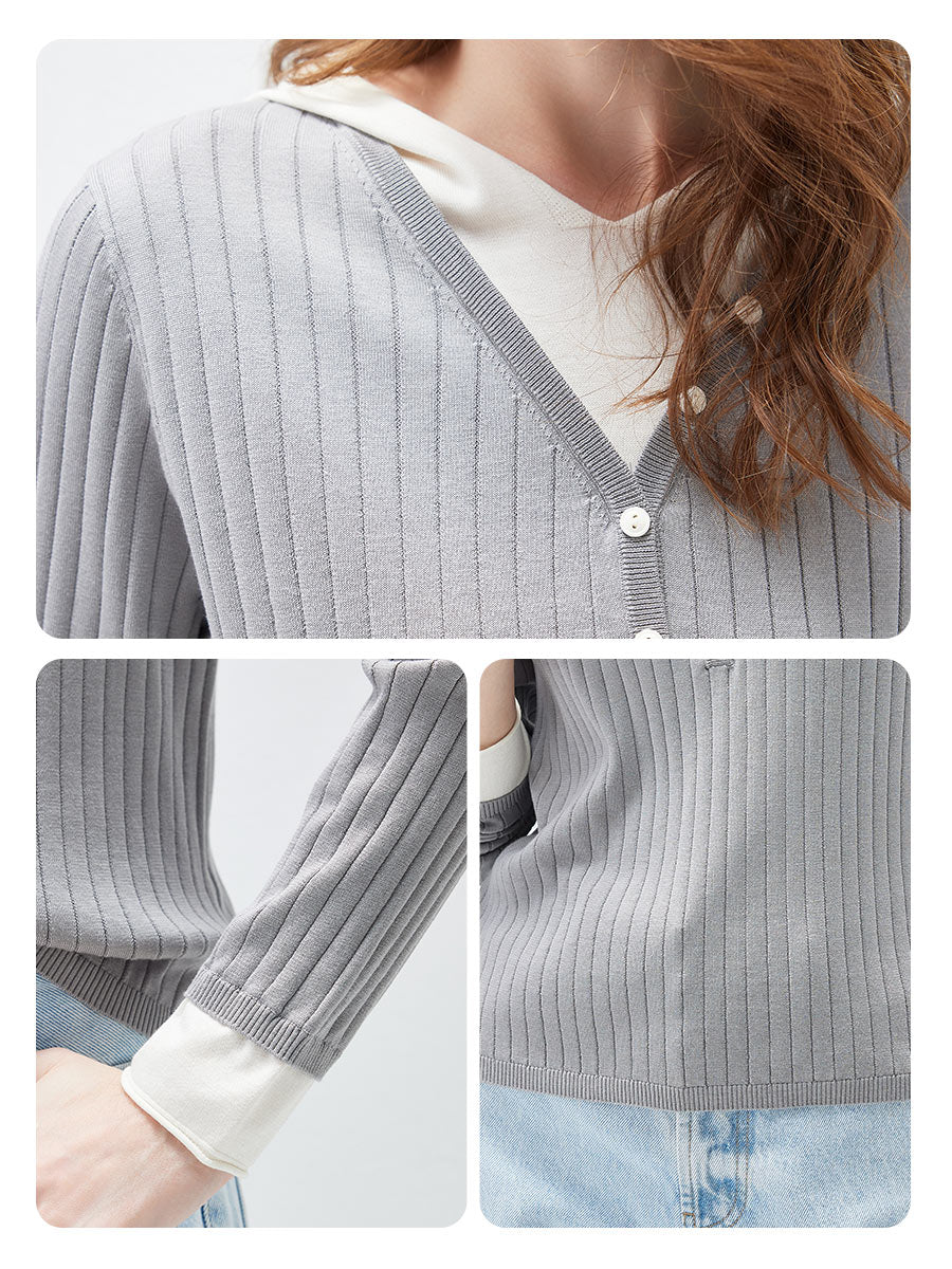 COMOBOCA Women's Layered Ribbed Knit Hooded Henley Top