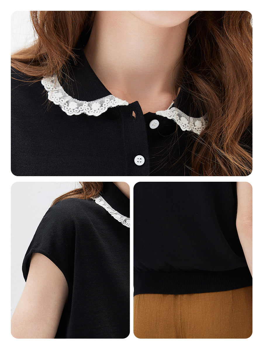 COMOBOCA Women's Lace Trim Collar Knit Polo T-Shirt