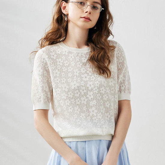 COMOBOCA Cloudy Women's Cotton Silk Versatile Floral Lace Knit T-Shirt