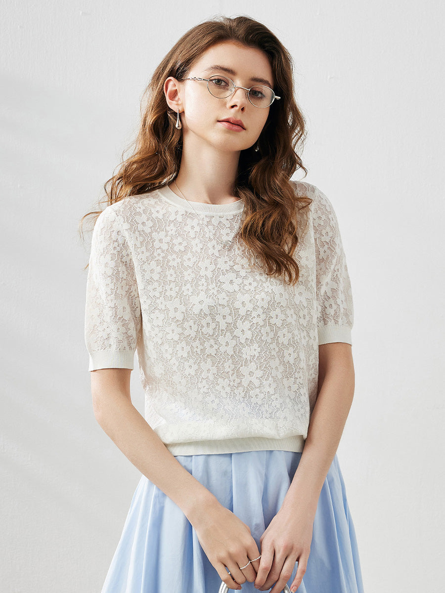 COMOBOCA Cloudy Women's Cotton Silk Versatile Floral Lace Knit T-Shirt