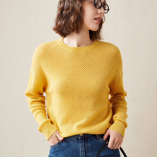 COMOBOCA Yellow 100% Cashmere Women's Breathable Mesh Sweater