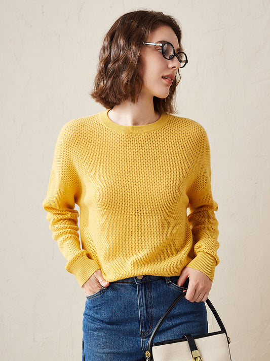 COMOBOCA Yellow 100% Cashmere Women's Breathable Mesh Sweater