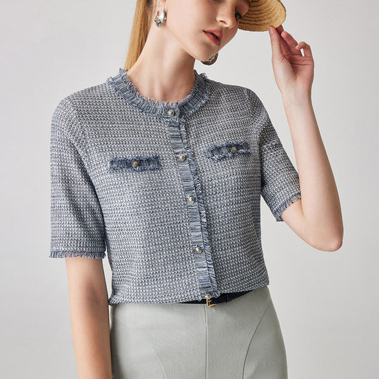 COMOBOCA Women's Cotton Silk Frayed Edge Button-Up Blouse