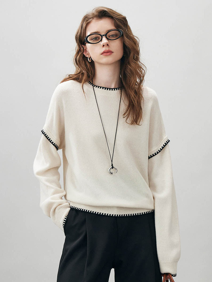 COMOBOCA White 100% Wool Women's Contrast Trim Knit Sweater