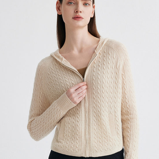 COMOBOCA 100% Cashmere Women's Cable Knit Zip Up Hoodie