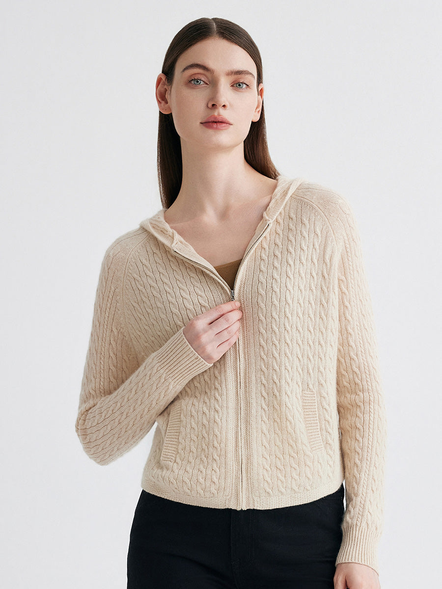 COMOBOCA 100% Cashmere Women's Cable Knit Zip Up Hoodie