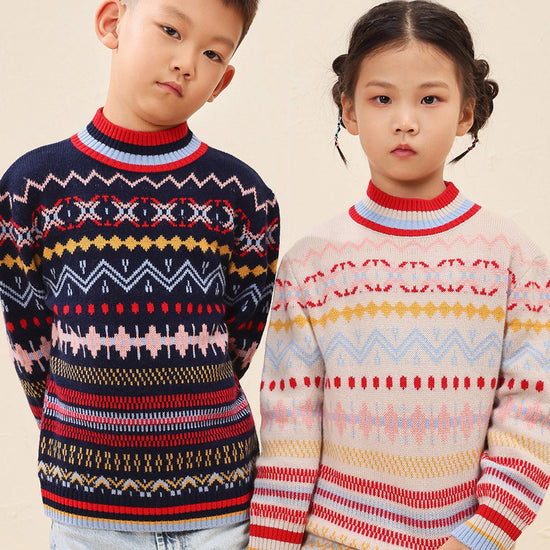 COMOBOCA 100% Wool Kids' Colorful Nordic Pattern Knit Sweater