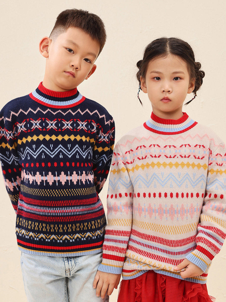 COMOBOCA 100% Wool Kids' Colorful Nordic Pattern Knit Sweater