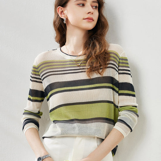 COMOBOCA Women's Striped Ribbed Round Neck Sweater