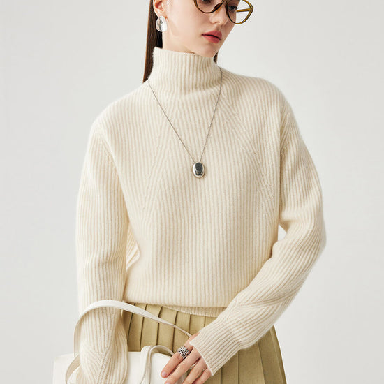 COMOBOCA khaki 100% Cashmere Women's Turtleneck Ribbed Sweater