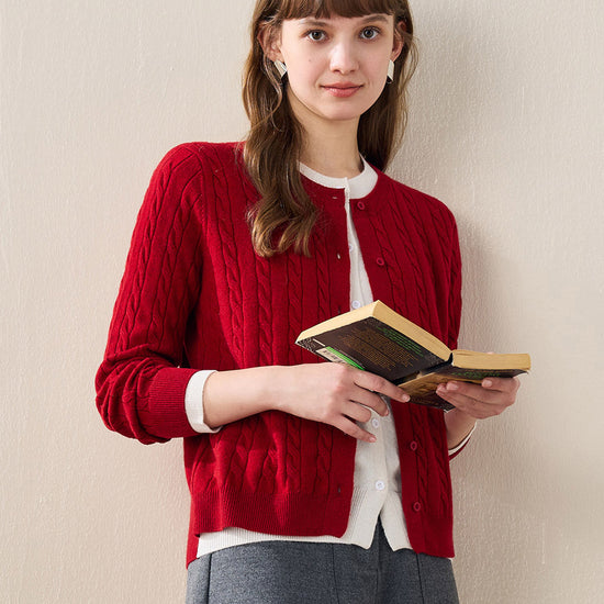 COMOBOCA 100% Wool Ribbed Cable Extra Size Knit Cardigan