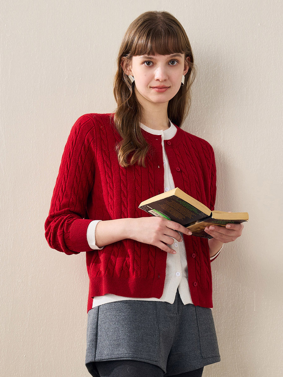 COMOBOCA 100% Wool Ribbed Cable Extra Size Knit Cardigan