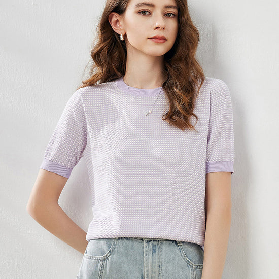 COMOBOCA Purple Women's Houndstooth Pattern Knit T-Shirt