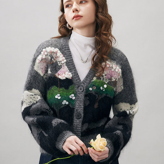 COMOBOCA Floral Women's Landscape Patterned Knit Cardigan