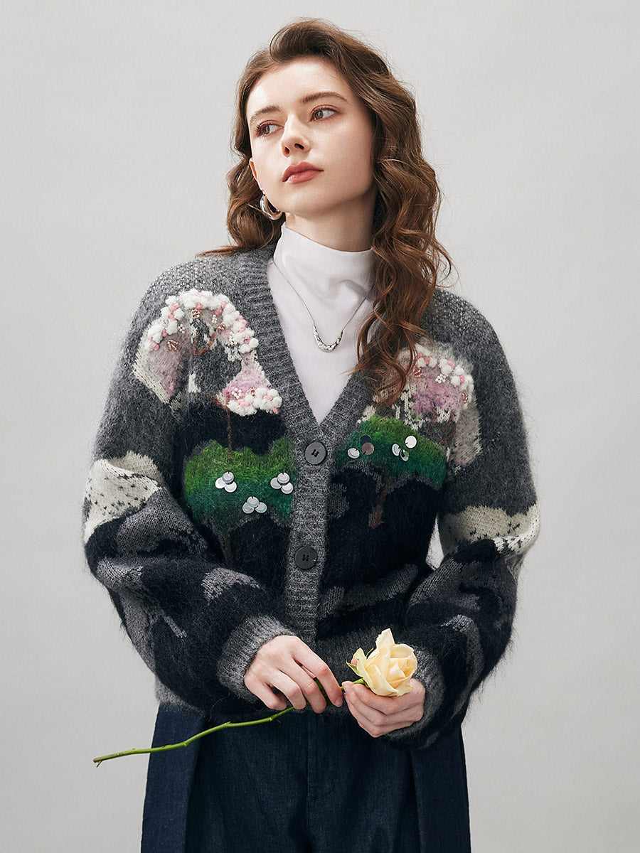 COMOBOCA Floral Women's Landscape Patterned Knit Cardigan