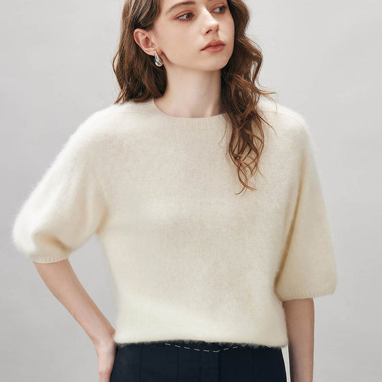 COMOBOCA Beige Women's Wool Seamless Brushed Half Sleeve Knit Sweater