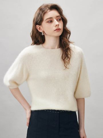 COMOBOCA Beige Women's Wool Seamless Brushed Half Sleeve Knit Sweater