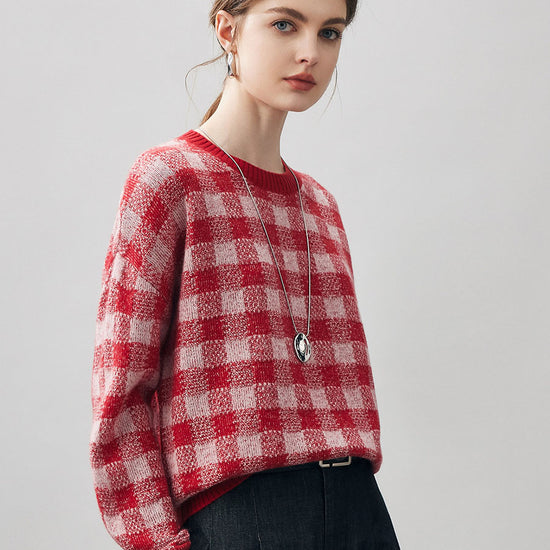 COMOBOCA 100% Cashmere Women's Checkered Round Neck Sweater