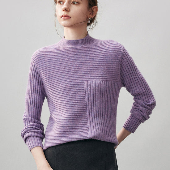COMOBOCA Purple 100% Cashmere Women's Asymmetric Ribbed Mock Neck Sweater