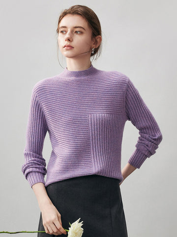 COMOBOCA Purple 100% Cashmere Women's Asymmetric Ribbed Mock Neck Sweater