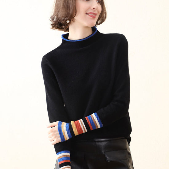 COMOBOCA 100% Cashmere Women's Knit Sweater with Colorful Cuffs
