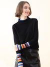 COMOBOCA 100% Cashmere Women's Knit Sweater with Colorful Cuffs