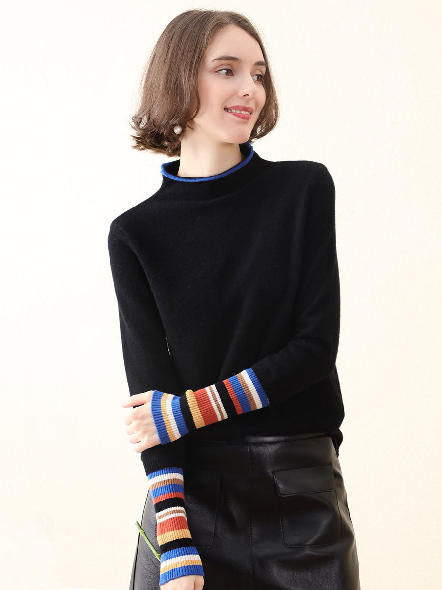 COMOBOCA 100% Cashmere Women's Knit Sweater with Colorful Cuffs