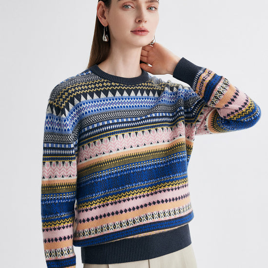 COMOBOCA 100% Cashmere Women's Fair Isle Round Neck Sweater