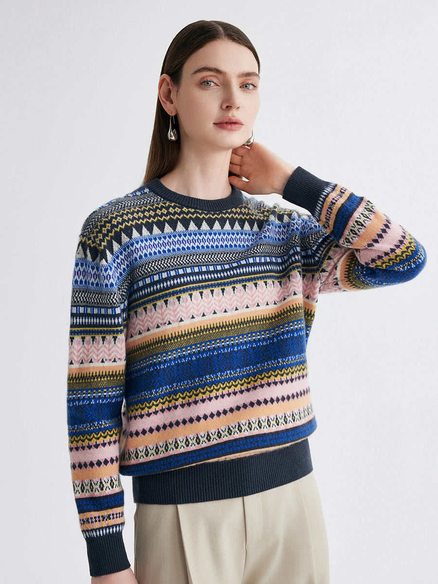 COMOBOCA 100% Cashmere Women's Fair Isle Round Neck Sweater