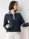 COMOBOCA Navy Blue 100% Cashmere Women's Contrast Trim Zip Sweater