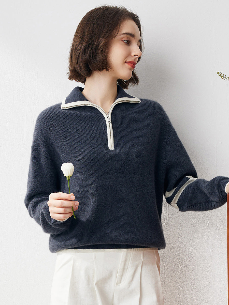 COMOBOCA Navy Blue 100% Cashmere Women's Contrast Trim Zip Sweater