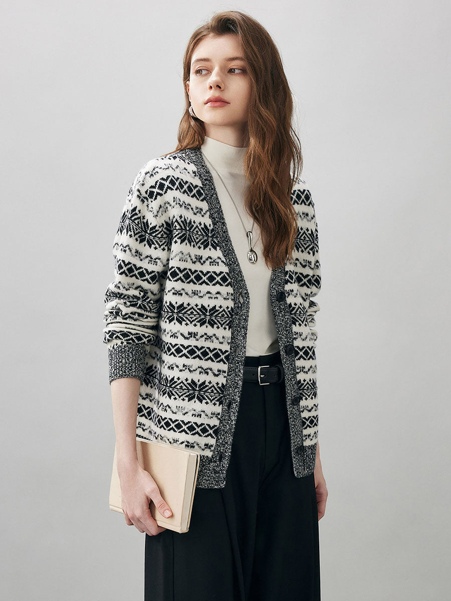 COMOBOCA 100% Wool Women's Snowflake Pattern Cardigan