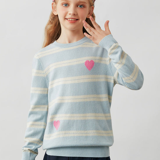 COMOBOCA Light Blue 100% Wool Kids' Striped Heart Round Neck Sweater