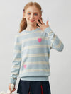 COMOBOCA Light Blue 100% Wool Kids' Striped Heart Round Neck Sweater