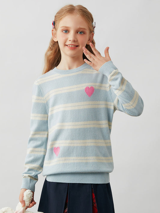 COMOBOCA Light Blue 100% Wool Kids' Striped Heart Round Neck Sweater