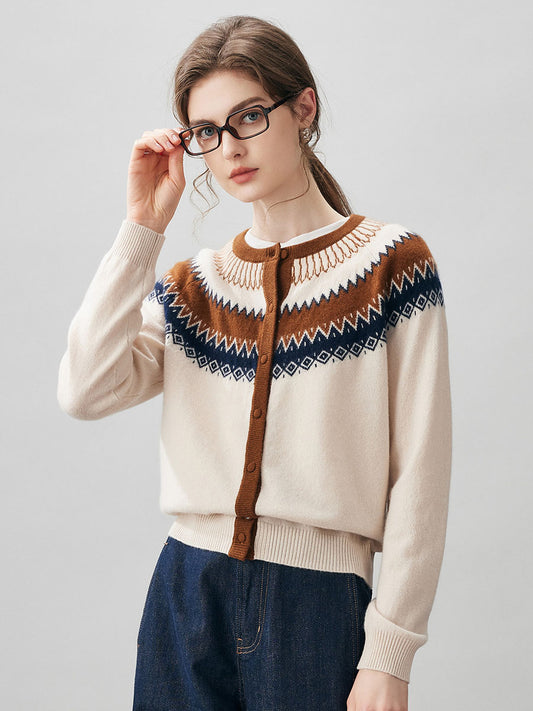 COMOBOCA Beige 100% Cashmere Women's Fair Isle Button Front Cardigan