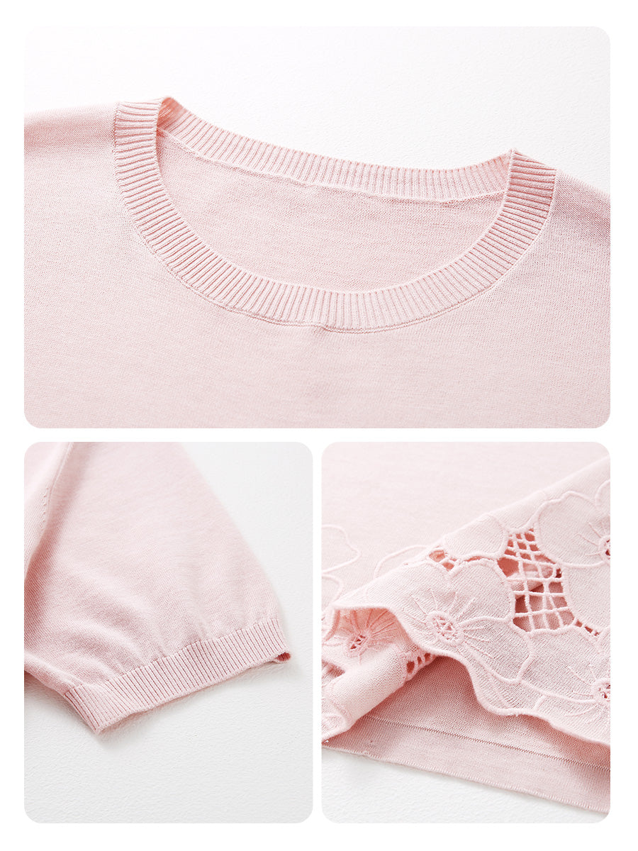 COMOBOCA Women's Floral Lace Trim Knit T-Shirt