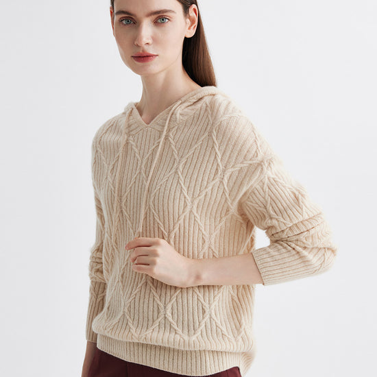 COMOBOCA 100% Cashmere Women's Cable Knit Hoodie