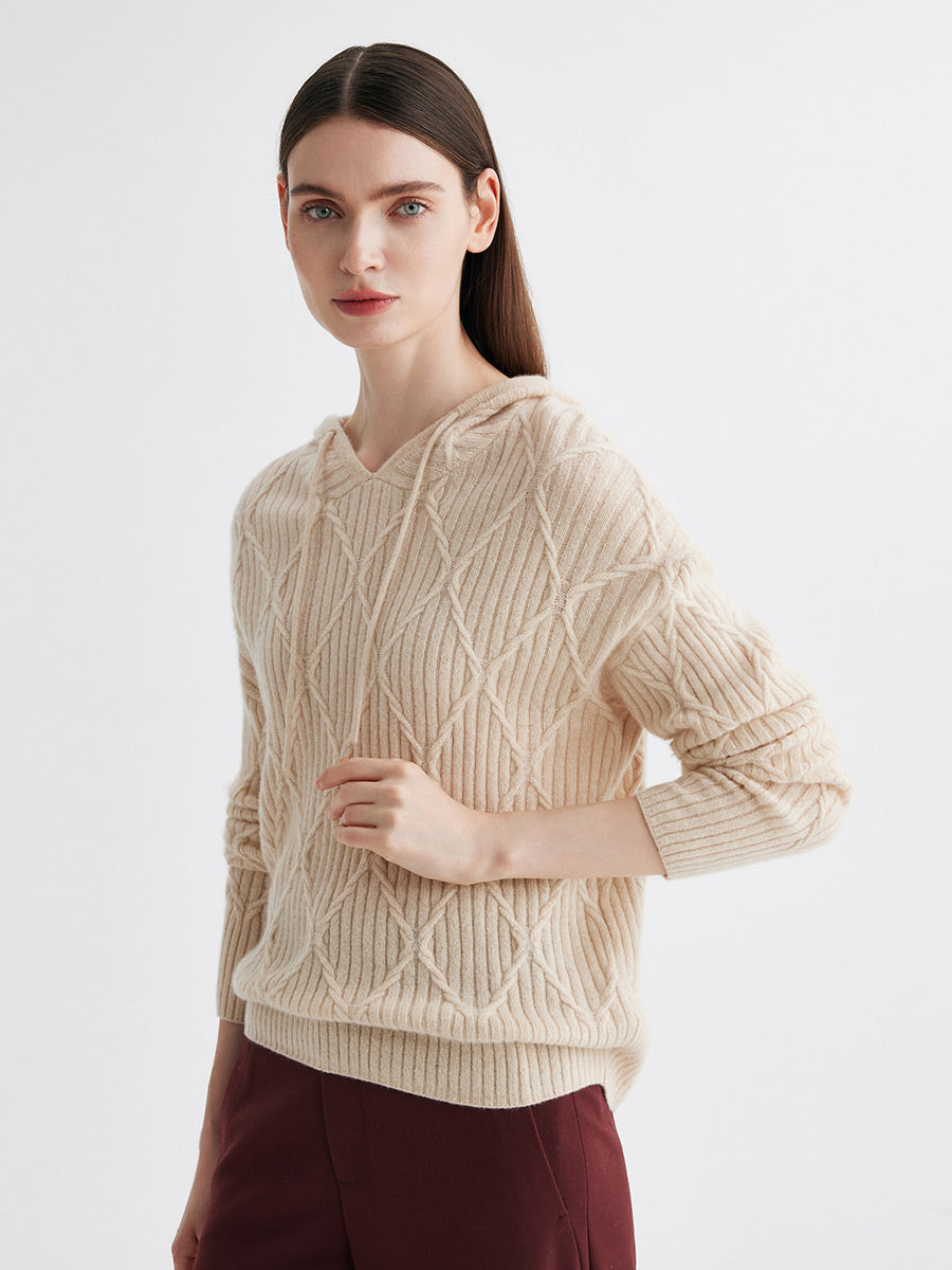 COMOBOCA 100% Cashmere Women's Cable Knit Hoodie