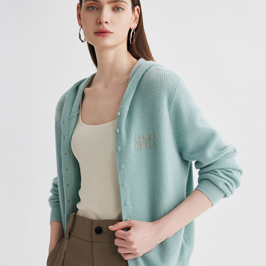 COMOBOCA 100% Cashmere Women's Button Up Knit Hoodie